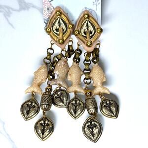 Statement Fish Charm Earrings Clip On Dangle Gold Tone Boho Coastal Core